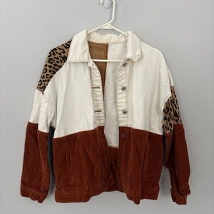 Colorblock Corduroy Jacket with Leopard Accents - Cream & Rust